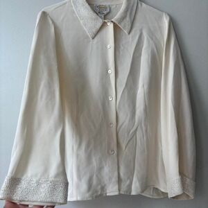 Vintage Fairycore WhiteBone Pearl Embroidered Beaded cottagecore Silk Top Medium